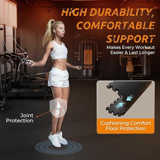 PRAISUN 0.6" Thicker Gym Mat, 6 Tiles 24 Sq Ft Workout Mats, Interlocking Foam Tiles with Rubber Top, High Density EVA Foam, Exercise Mat, Gym Flooring for Home Gym, Garage, 24 x 24in, Black
