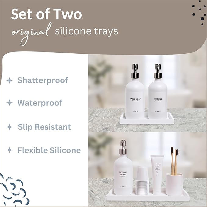 Countertop and Vanity Tray - 2 PC (11” and 7”) Shatterproof Silicone Kitchen and Bathroom Trays for Counter, Kitchen Soap Dispenser Tray, Vanity Trays for Bathroom, Perfume Key Tray