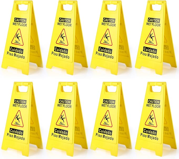 8-Pack Caution Wet Floor Sign,17.5" Height,Bright Yellow Double-Sided Folding A-Shaped Frame Design, Bilingual Caution Message