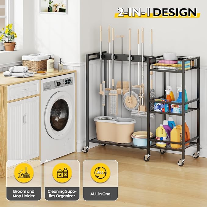 Broom Holder with Cleaning Supplies Organizer, Movable Broom Closet Storage Cabinet with Cleaning Caddy, Cleaning Cart with Mop Rack, Janitorial Housekeeping Cart on Wheels, Laundry Room Organization