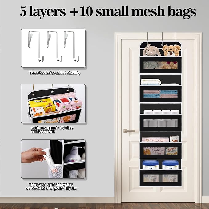 Over The Door Organizer, 5 Shelves Closet Door Hanging Organizer with 10 Mesh Pockets, Nursery Closet Organizers, Baby Essentials, Dorm Room Essentials for Girls