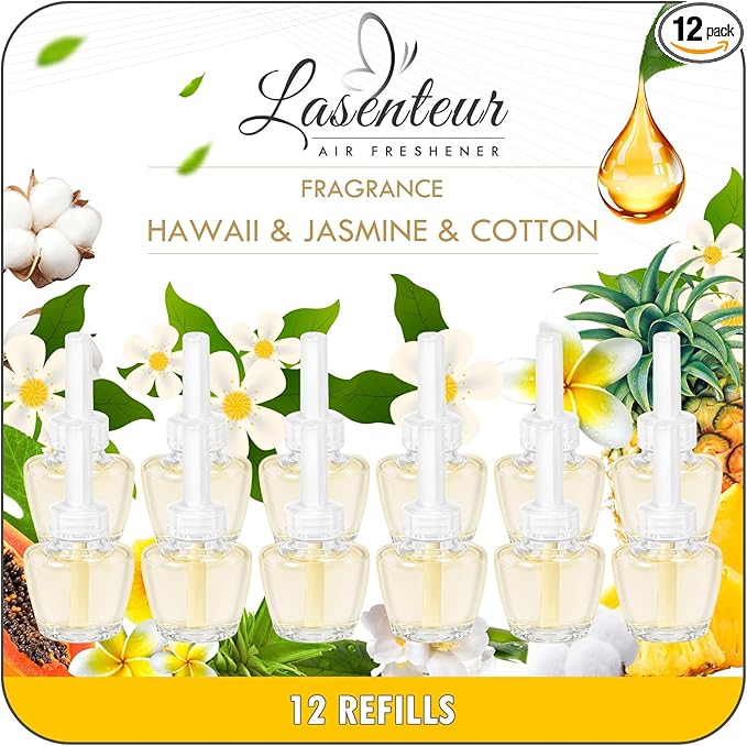 PlugIns Refills Air Freshener, Scented and Essential Oils for Home and Bathroom, Hawaiian, Jasmine, Cotton, Indoor Home Use, 12 Count, Compatible with Airwick, Compatible with Glade