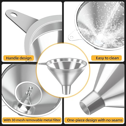 3 Pack Stainless Steel Kitchen Funnel Set,funnels for Kitchen use Filling Bottles, 2 Size Spouts Funnel and Strainer for Filling Different Bottles and Bags