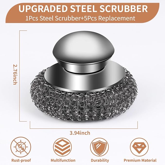 6Pcs Steel Wool Scrubber with Replacement Wire Pads Set, Stainless Steel Scrubber with Handle for Scouring Stubborn Messes from Cast Iron, Pots, Pans, Grill, Stoves, Sink(1 Scrubber+5 Pads)