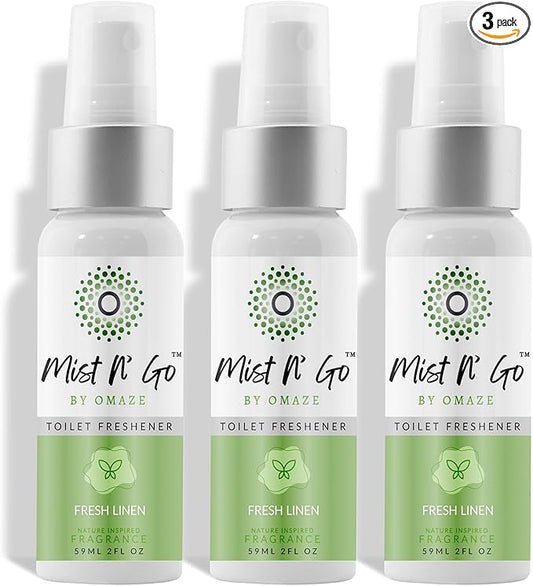 Mist N’ Go by Omaze Travel Bathroom Spray for Toilet Spray Odor Eliminator - Travel Toilet Spray for Bathroom Air Freshener Spray for Bathroom Deodorizer - Fresh Linen Regular Size (2oz x3)