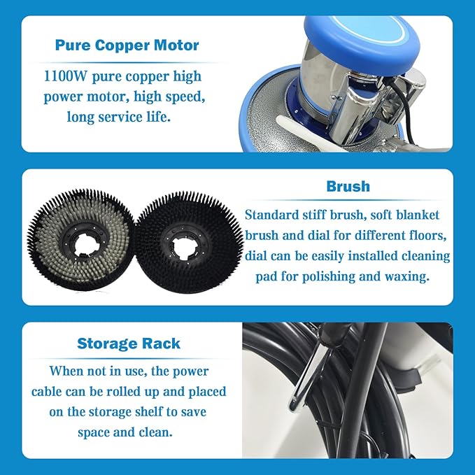 TECHTONGDA Floor Polisher Commercial Floor Buffer Scrubber Buffer Polisher Machine 17" Carpet Cleaning Machine Industrial Orbiter Floor Cleaning 175RPM with 3gal Tank and 3 Brush heads
