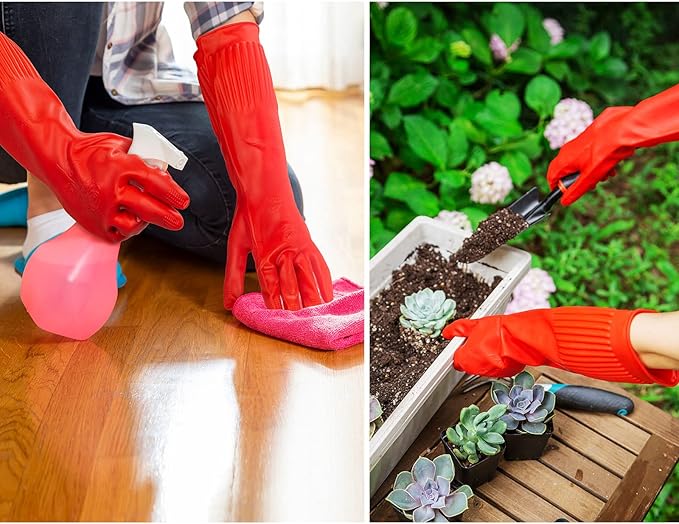 Vgo... 1-Pair Dishwashing Gloves, Reusable Household Gloves, Long Sleeve, Thick Latex, Cleaning, Washing, Working, Painting, Gardening, Pet Care (Size L, Red, RB2143)