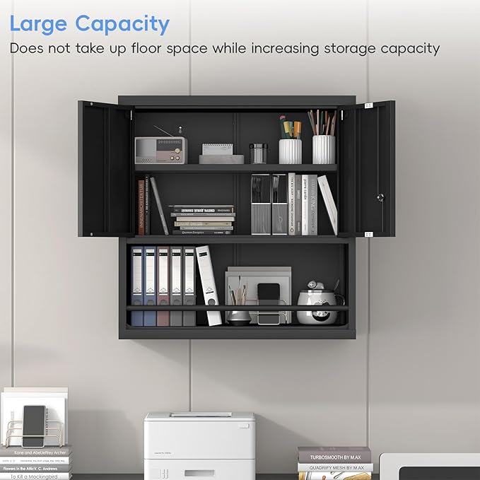 Locking Cabinet, Black Wall Storage Cabinet with Shelves, Hanging Cabinets with Open Storage, Small Wall Cabinet, Lockable Tool Cabinet for Basement, School, Office