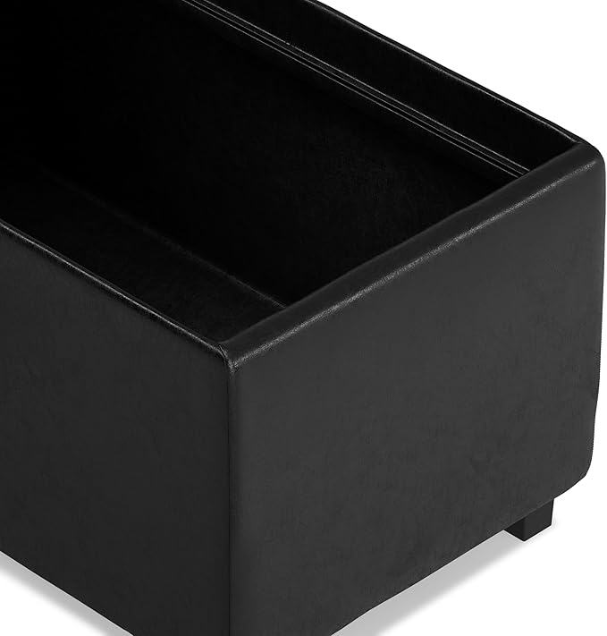 SIMPLIHOME Avalon 42 inch Wide Contemporary Rectangle Storage Ottoman in Distressed Black Vegan Faux Leather, Assembled, For the Living Room, Entryway and Family Room
