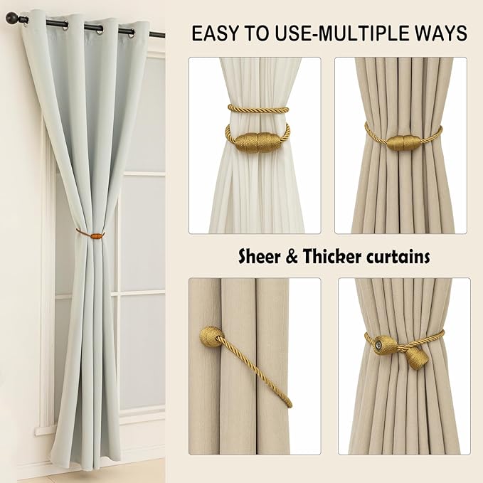 Magnetic Curtain Tiebacks Rope Curtain Tie Backs for Curtains 6 Pack Curtain Holders for Drapes Decorative Window Curtain Holdbacks, Gold