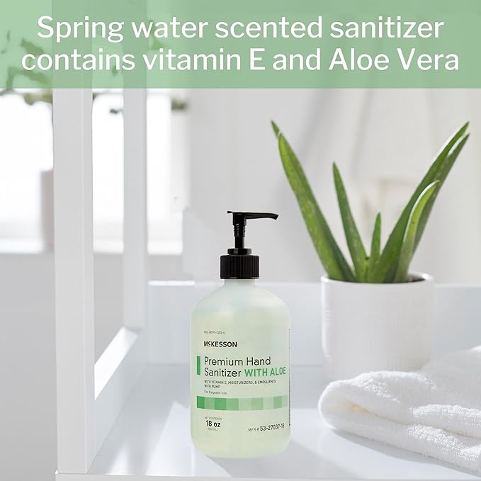 McKesson Hand Sanitizer with Aloe, 18 oz Pump Bottle [Pack of 12] – Bulk, 70% Ethyl Alcohol, Spring Water Scent, No-Rinse Gel with Vitamin E and Moisturizers, Medical-Grade Sanitizer