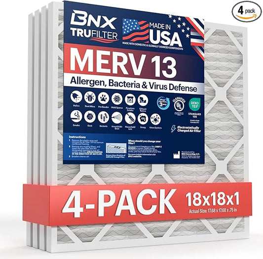BNX TruFilter 18x18x1 Air Filter MERV 13 (4-Pack) - MADE IN USA - Electrostatic Pleated Air Conditioner HVAC AC Furnace Filters for Allergies, Pollen, Mold, Bacteria, Smoke, Allergen, MPR 1900 FPR 10