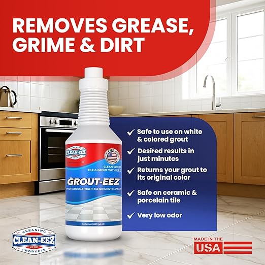 Clean-eez Grout-eez Tile Cleaner with Stand-Up Brush Head – 32 oz Heavy-Duty Stain Remover for Ceramic and Porcelain Floors – Safe for Colored Grout – Not for Natural Stone – Pole Not Included