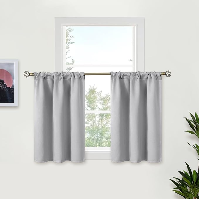 BGment Small Window Curtains 30 Inches Length for Kitchen Over Sink - Rod Pocket Short Drapes for Cafe Bathroom Basement RV Camper Privacy Decorative, Light Grey, 2 Panels, 29 x 30 Inch
