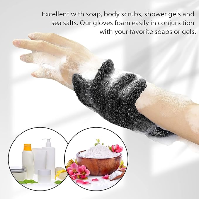 Evridwear Exfoliating Dual Texture Bath Gloves for Shower, Spa, Massage and Body Scrubs, Dead Skin Cell Remover, Gloves with Hanging Loop (1 Pair Black Heavy Glove)