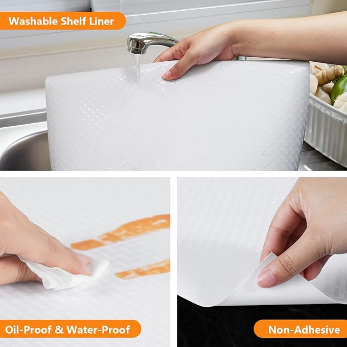 Shelf Liners for Kitchen Cabinets Refrigerator Liners Waterproof & Oil-Proof Kitchen Cupboard Liner Non-Slip Drawer Mats EVA Non Adhesive Fridge Liner for Shelves-White 11.8 x 59 Inches