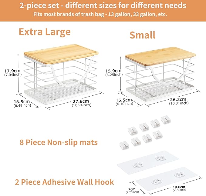 Extra Large Trash Bag Holder Stackable Kitchen Storage White, 2 Pack Wall Mounted Pantry Organizers and Storage with Bamboo Top, Garbage Bag Dispenser Under Sink for Laundry Room and Kitchen