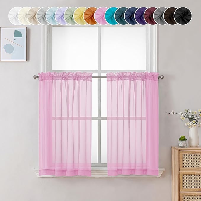 Chyhomenyc Sheer Pink Tier Curtains 24 Inch Length, Small Window Curtains Treatment for Bathroom Living Room Basement, Short Rod Pocket Cafe Curtain, 42W x 24L Inches, 2 Panels