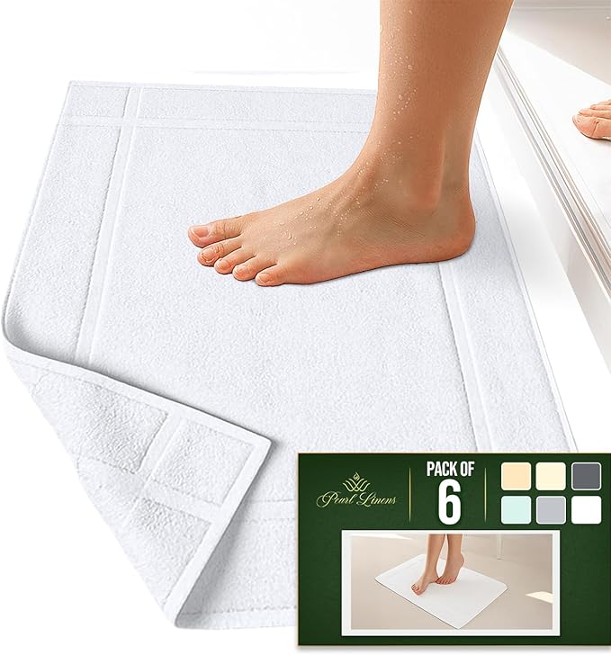 Pearl Linens Pack of 6 100% Cotton Bath Mat 18x25 inches, Soft & Absorbent Quick Dry Bathroom Mat Set, Not Bathroom Rugs, After Shower Mat, Bath Tub Mat, 687 GSM, Machine Washable, White