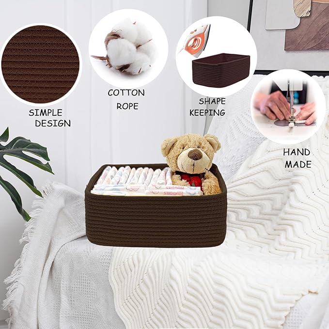 COMFY-HOMI 13" x 8.5" x 5.1" Storage Baskets for Organizing | Cotton Rope Woven Basket | Toy Storage Bin Box | Basket for Shelves, Closet Organizer Bin, Decorative Closet Shelf, 3 Pack, Dark brown