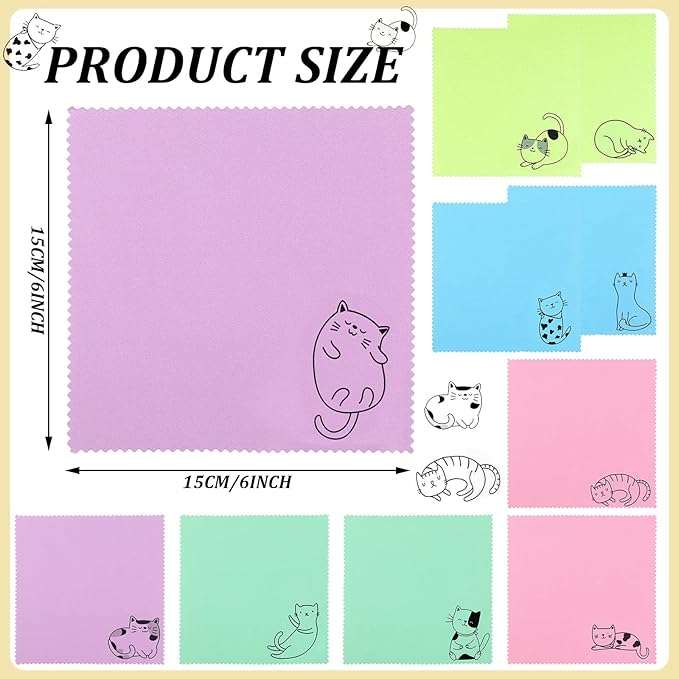 Sinmoe 20 Pcs Microfiber Cleaning Cloth Cute Kitty Cat Design Microfiber Cloth Gift Soft Multicolor Glasses Cleaner for Eyeglasses Camera Lens Cell Phone Screens Glasses, 6 x 6 Inches