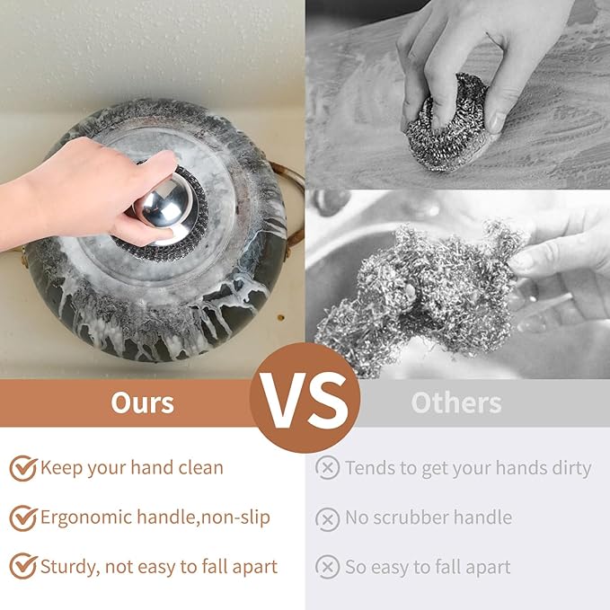 6Pcs Steel Wool Scrubber with Replacement Wire Pads Set, Stainless Steel Scrubber with Handle for Scouring Stubborn Messes from Cast Iron, Pots, Pans, Grill, Stoves, Sink(1 Scrubber+5 Pads)