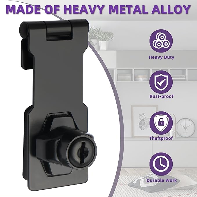 Alise Keyed Hasp Lock,3 Inch Safety Packlock Clasp Hasp Lock Latch with Lock, Black Door Hinge Lock with Keys Keyed Locking Hasp for Cabinets Closets Doors