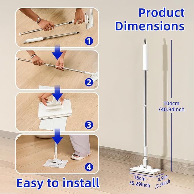 2025 New Mini Sweeper Mop No-Touch Dirty Cleaning Flat Dust Mop for Dry Wet Disposable Pads, Multi Surface Mops for House Wall Bathroom Toilet Corners (Disposable Dust Mop with 5 Clothes)