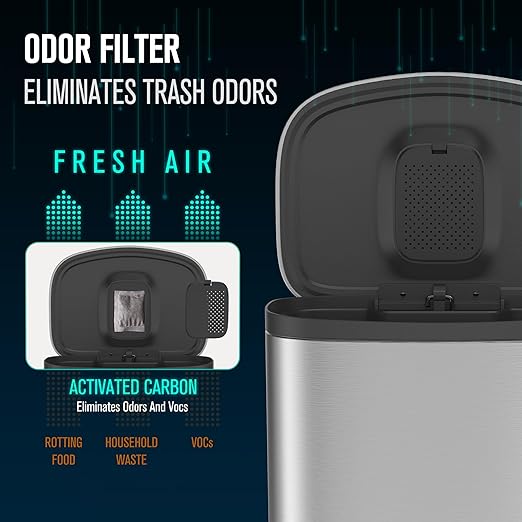 13 Gallon Stainless Steel Foot Pedal Large Trash Can with Soft Close Quiet Curved Surface Top Lid and Deodorant Storage Space, with 30 Garbage Bags for Kitchen/Home/Office Trash can and More - Silver