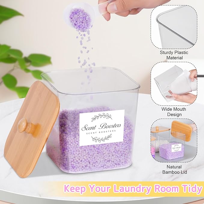 efluky 3 Pack Laundry Pods Container & Dryer Sheet Holder Set,Clear Laundry Room Organization Containers with Bamboo Lids and Labels,Laundry Pods Holder for Scent Booster,Powder,Pod