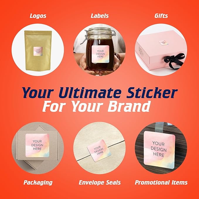 100 Custom Vinyl Stickers - Upload Your own Image, Text, Design, Logo - Personalized Logo Labels for Handmade, Packaging, Bottle, Jars, Candle, Brand Stickers (Watercolor Square, 2x2)