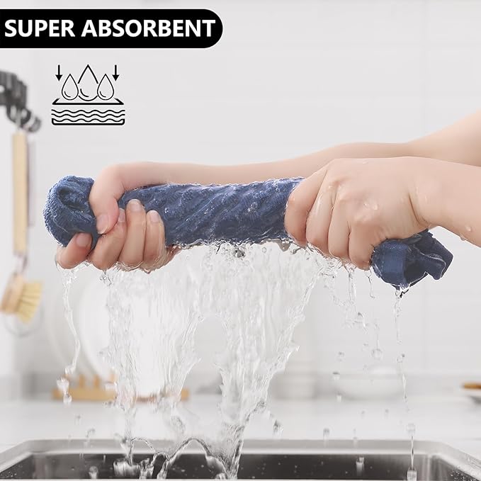 Fintale 100% Cotton Kitchen Towels and Dishcloths Set, 12 x 12 & 15 x 25 Inches, Set of 10 Bulk Super Soft and Absorbent Terry Cloth Dish Towels, Quick Drying Hand Towels with Hanging Loop, Navy Blue