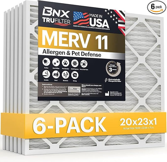 BNX TruFilter 20x23x1 Air Filter MERV 11 (6-Pack) - MADE IN USA - Allergen Defense Electrostatic Pleated Air Conditioner HVAC AC Furnace Filters for Allergies, Dust, Pet, Smoke, Allergy MPR 1200 FPR 7