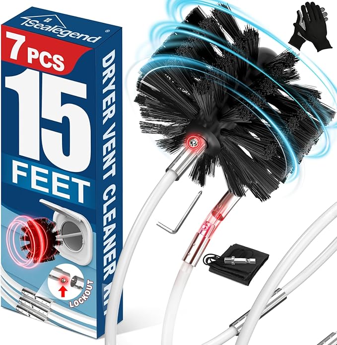 Sealegend 15 Feet Dryer Vent Cleaner Kit/Lint Remover/Upgraded Flexible Quick-Snap Brush with Drill Attachment/Fireplace Chimney Brushes for Easy to Clean/Cleaning Tool Use with or Without Power Drill