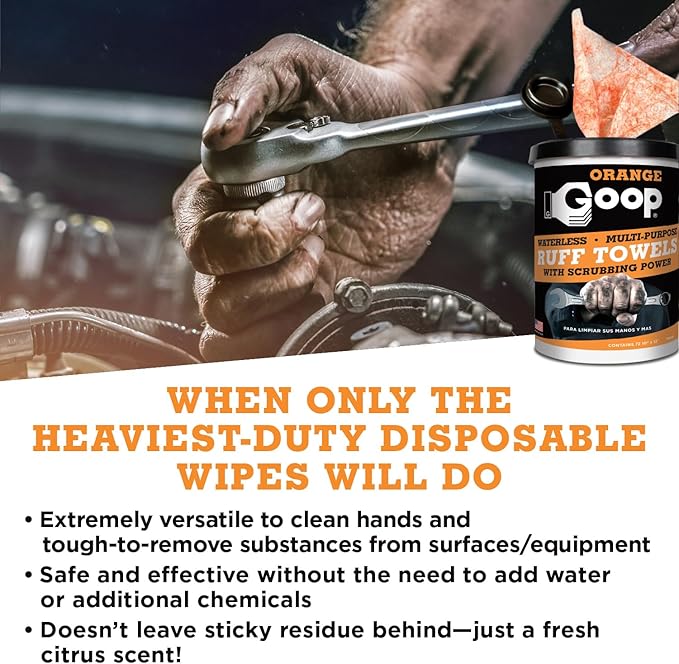GOOP Orange Heavy Duty Ruff Towels with Scrubbing Power, 10” x 12” Dual Textured Multi-Purpose Cleaning Wipes, Removes Dirt, Grease, Oil, 72 Count