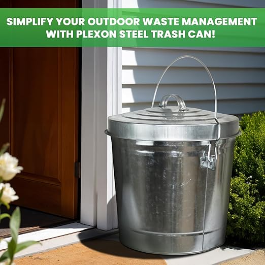 Plexon 6 Gallon Small Metal Trash Can with Lid Outdoor Locking Galvanized Metal Garbage Can with Lid for Poultry Feed Bird Seed Storage Ash Galvanized Bucket