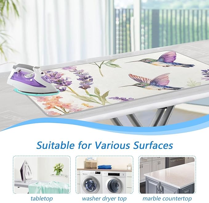 Lavender Flower Hummingbird White Ironing Mat for Table top Portable Ironing Pad Blanket for Washer Dryer Countertop Travel