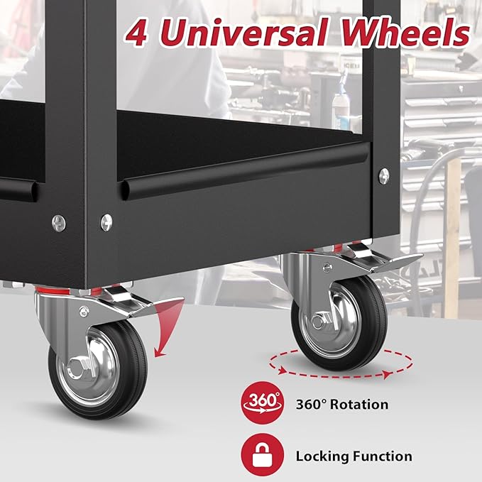 3 Tier Rolling Tool Cart on Wheels, Heavy Duty Service Cart Industrial Utility Cart with Drawer and Screwdriver Rack Pegboard, 550 LBS Mobile Tool Storage Organizer for Garage, Workshop(Black)