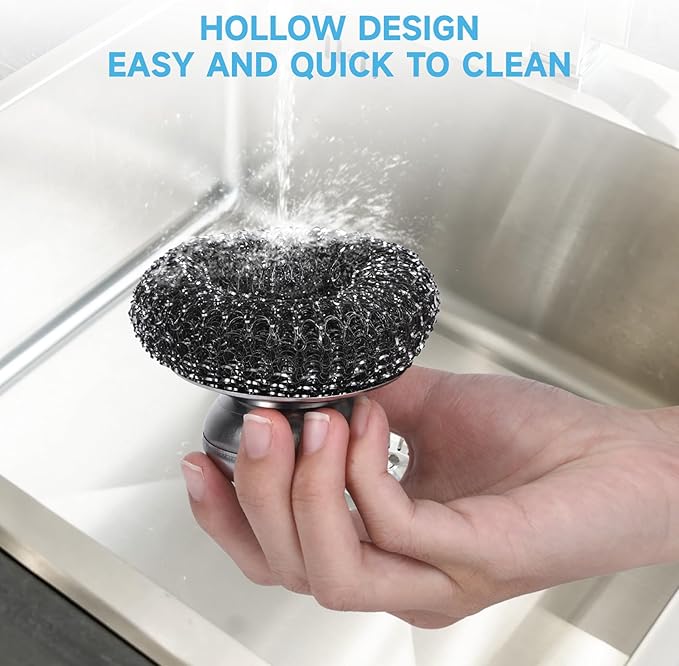 6Pcs Steel Wool Scrubber, Stainless Steel Scrubber with Handle for Cleaning Kitchen and Household Stubborn Messes from Stoves Pans Pots Grill Sink with Replacement Wire Brush Set (2 Pcs+4 Replacement)