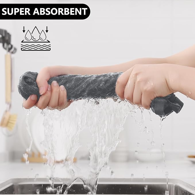 Fintale 100% Cotton Kitchen Towels and Dishcloths Set, 12 x 12 & 15 x 25 Inches, Set of 10 Bulk Super Soft and Absorbent Terry Cloth Dish Towels, Quick Drying Hand Towels with Hanging Loop, Dark Grey