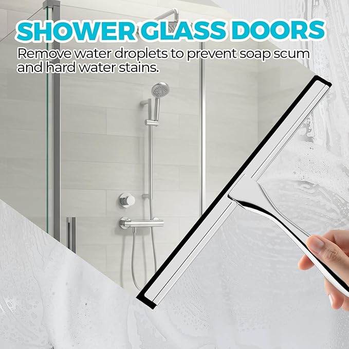 2PACK All-Purpose Shower Squeegee for Shower Doors, Tile Shower Walls, Bathroom, Window, Glass and Car Windshield, Mirrors and Kitchen-Stainless Steel, 9.8-Inch, Silver
