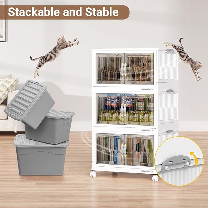 BROVIEW 240Qt Stackable Storage Bins with Lid, Extra Large Closet Organizer Collapsible Drawer Boxes with Wheels, Folding Plastic Cabinet Containers for Home Kitchen Room Organization, 3Pack White