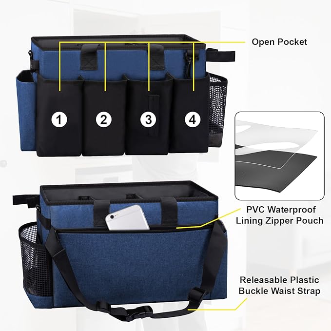 Wearable Large Cleaning Caddy Bag for Housekeeper, Clean Supply Organizer with Adjustable Shoulder, Waist & Handle Straps, Detailing Bag for Kitchen Supplies (Blue)