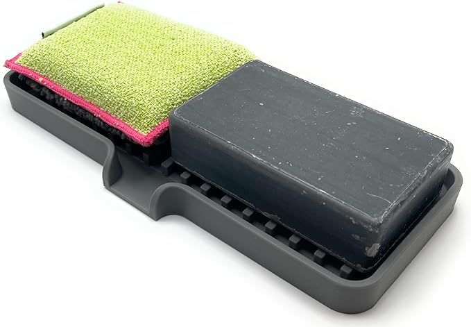 Happitasa Silicone Soap Dish Tray and Sponge Holder with Drain Chute | Bathroom and Kitchen Sink Organizer Caddy (Grey, 9"x3.5", 5.6 Ounces)
