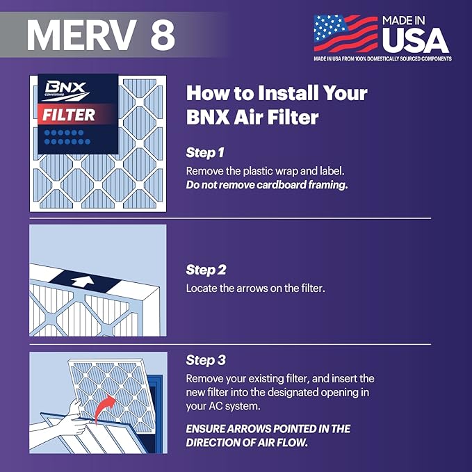 BNX TruFilter 20x20x1 Air Filter MERV 8 (12-Pack) - MADE IN USA – Dust & Pet Defense Electrostatic Pleated Air Conditioner HVAC AC Furnace Filters for Dust, Pet, Mold, Pollen MPR 600 – 700 & FPR 5