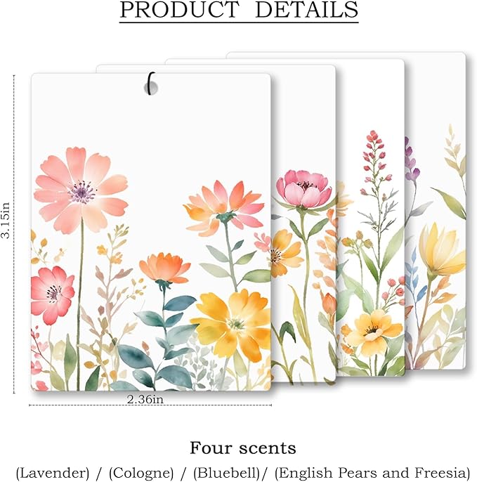 Watercolor Floral Car Air Freshener 4 Pcs, Rustic Cottagecore Flower Hanging Scents Air Freshener for Women Girls Gifts, Cute Aesthetic Scented Car Accessories Decor for Room Closet Drawer