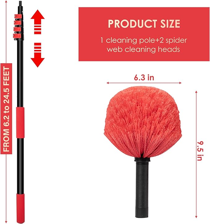 6-24 FT Cobweb Duster with Extension Pole, 30 FT High Reach Spider Web Brush with Telescopic Pole, Extendable Duster with 2 Outdoor Cobweb Brushes, Duster for High Ceiling