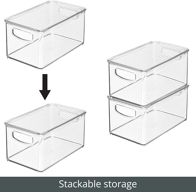 mDesign Plastic Deep Storage Bin Box Container with Lid and Built-In Handles - Organization for Fruit, Snacks, or Food in Kitchen Pantry, Cabinet, or Cupboard, Ligne Collection, 2 Pack, Clear
