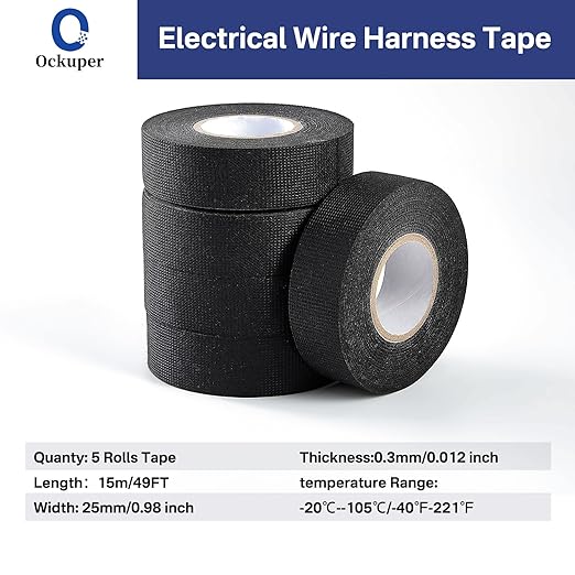 Wire Harness Tape, 0.98＂x 49FT 5 Rolls, Wiring Loom Harness, Self-Adhesive Felt Cloth Electrical Tape for Automotive Engines, Harness Wrap Protection,Noise Dampening and Cable Protection,Black