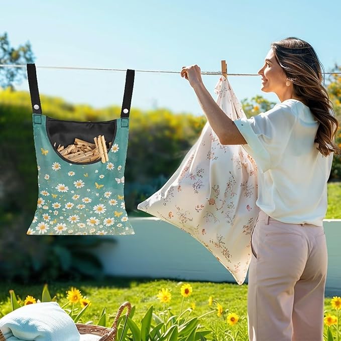 Clothespin Bag for Clothes Pin Holder for Outside and Clothes Line Pins, Clothes Pin Hanging Bag Fits Outdoor Laundry Clothesline - Daisy Pattern